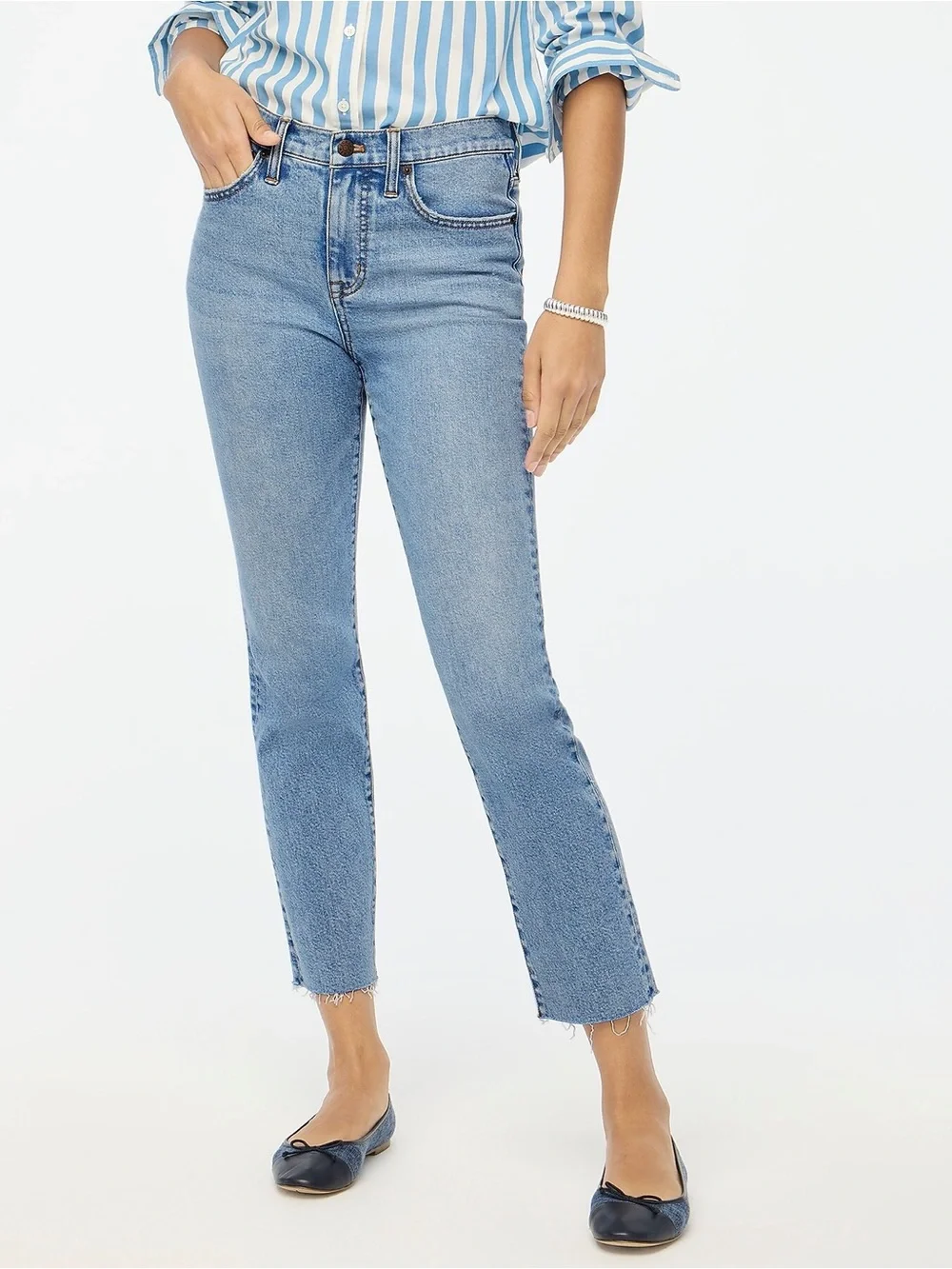 J Crew Petite essential straight jean in all-day stretch in Marin Wash
